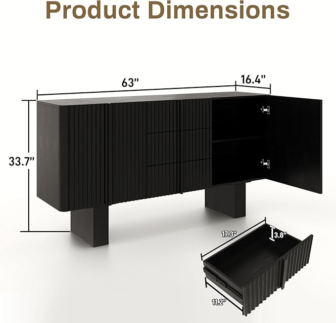 Rophefx 63" Buffet Cabinets with Storage, Wood Side Cabinet with 3 Drawers & 2 Doors, Mid-Century Modern Buffet Table with Anti-Tip Device & Foot Pads for Kitchen, Living Room, Dining Room(Black