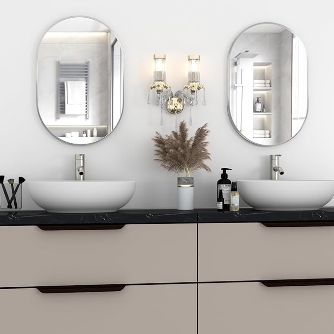 Oval Bathroom Mirror Wall Vanity Oval Mirrors, 20"x30" Silver Bathroom Mirrors for Over Sink Pill Mirrors Capsule Wall Mounted Mirror, Modern Mirror with Metal Frame for Wall Decor