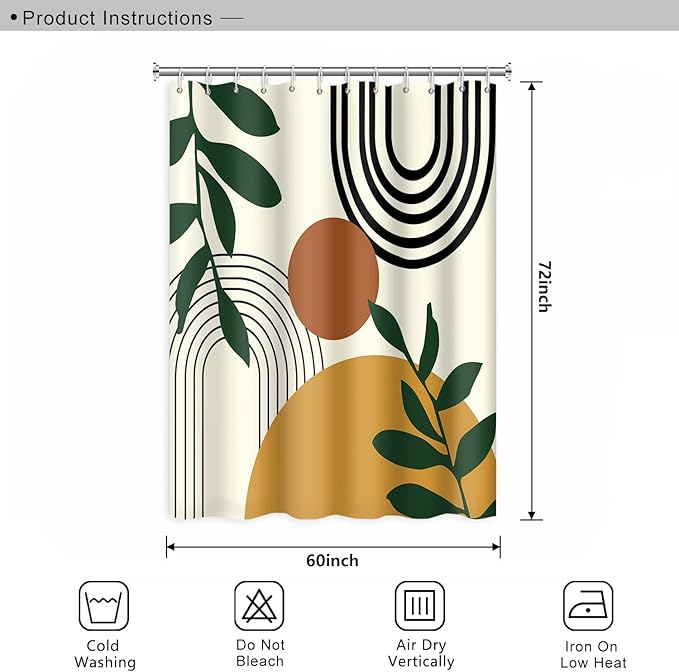 Abstract Mid Century Bohemian Bathroom Shower Curtain Orange Sun Green Eucalyptus Leaves Arch Shower Curtain with Hooks Waterproof Fabric Polyester Shower Curtain Home Decor, 60x72 Inch