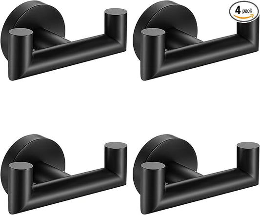 Towel Hooks For Bathrooms, Matte Black Towel Hook For Kitchen Bathroom, SUS304 Stainless Steel Coat Hook, Heavy Duty Double Towels Holder Hooks For Hanging Towels,Coats,Clothes,Wall Mount, 4Pack