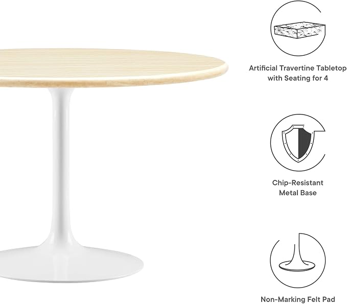 Modway Lippa 48" Round Artificial Dining Table with Tapered, Metal Base, White Travertine