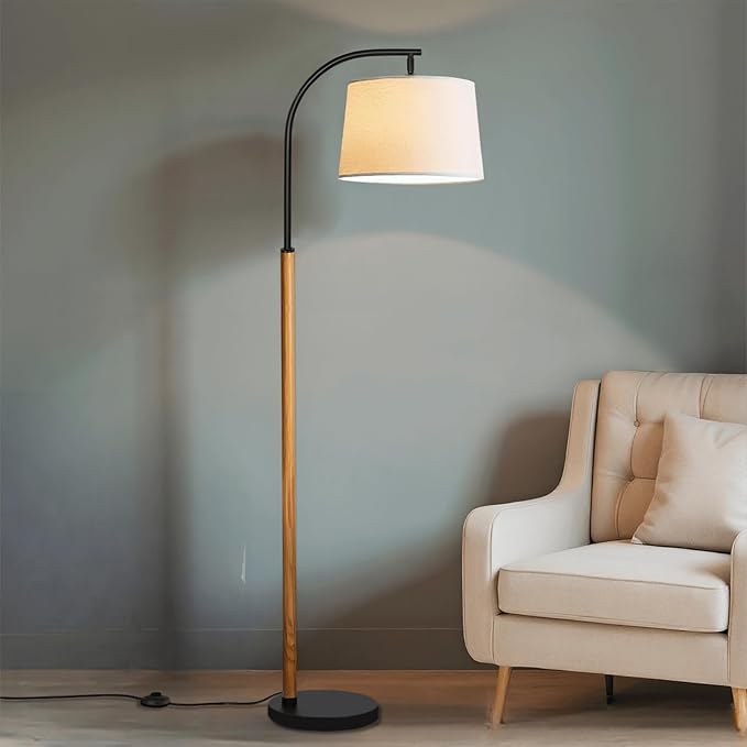 65” Brown Black Arc Floor Lamp for Living Room, 1200 Lumens 3-Level Brightness Mid Century Modern Floor Lamp for Bedroom, Wood Arc Standing Tall Lamp, Adjustable Lampshade, LED Bulb Included