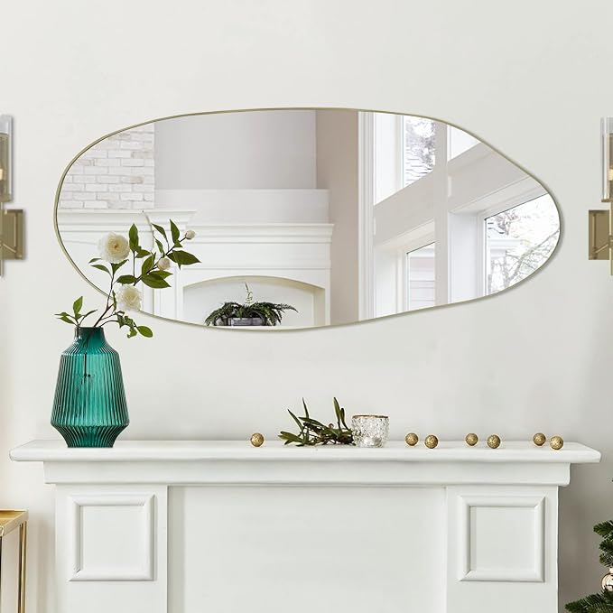Irregular Mirror, 47.2"x20" Large Asymmetrical Mirror for Wall, Gold Abstract Frameless Mirrors, Modern Unique Shaped Mirrors for Living Room Bathroom Bedroom Entryway Hallway Fireplace