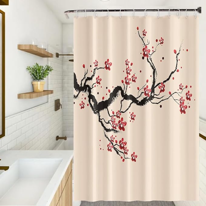 Cherry Blossom Shower Curtain Chinese Traditional Antique Ink Painting Art Plum Floral Shower Curtains Bathroom Accessories Waterproof Polyester Fabric with Hooks, 72 x 78 Inch