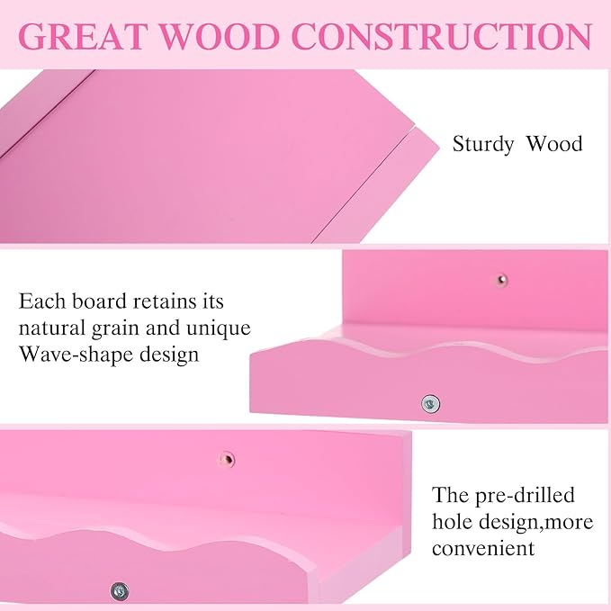 Suzile Set of 4 Floating Nursery Book Shelves for Wall Wood Floating Bookshelves Picture Small Ledge Shelf for Wall Boys Girls Teen Room Bathroom Bedroom Decor Storage(Pink)