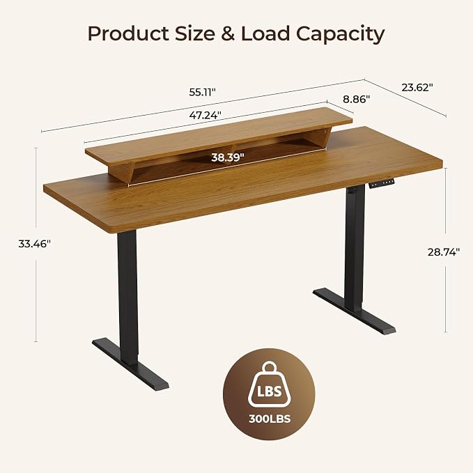 55 x 24 Inches Electric Standing Up Desk with Monitor Shelves,Height Adjustable Computer Desk from 28-46''with Memory Controller,Modern Home Office Desk for Work,Study,Oak Brown