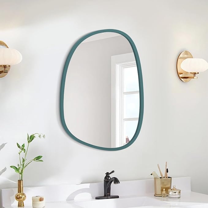 Blue Modern Asymmetrical Small Mirror Irregular Mirror for Wall Decor Wooden Framed Hanging Wall Mirror Unique Shape Vanity Oval Mirror Decorative for Bedroom Bathroom Living Room Entryway