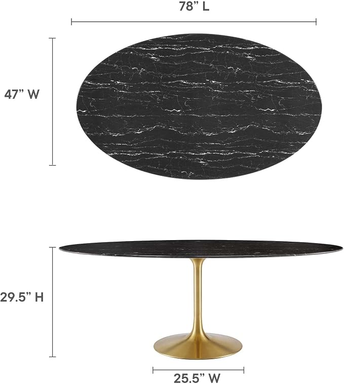 Modway Lippa Oval 78" Mid-Century Modern Artificial Marble Dining Table in Gold Black