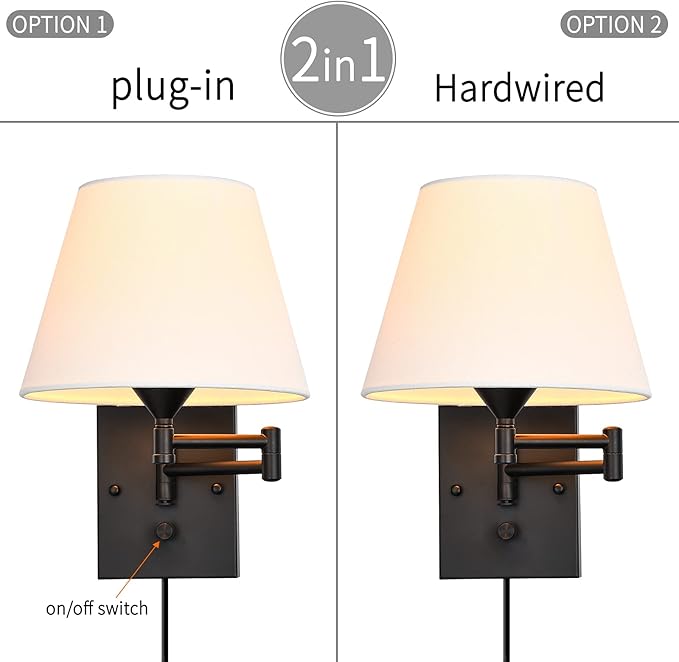 Pauwer Plug in Wall Sconce Set of 2 Swing Arm Wall Lamp with Plug in Cord and Fabric Shade Wall Light Fixtures for Hallway Bedroom Living Room (White Shade)