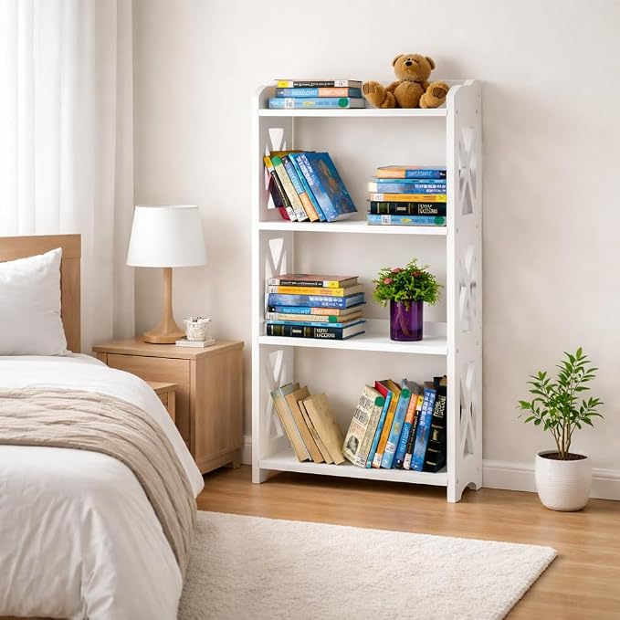 White Bookcase by Natural Wood, 4 Tier Bookshelf, Small Book Shelves Freestanding Display Storage Shelves. Open Bookshelf for Bedroom, Living Room and Office (White, 4 Tier)