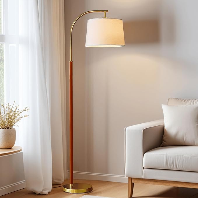 65” Walnut Gold Arc Floor Lamp for Living Room, 1200 Lumens 3-Level Brightness Mid Century Modern Floor Lamp for Bedroom, Wood Vintage Gold Standing Lamp, Adjustable Lampshade, LED Bulb Included