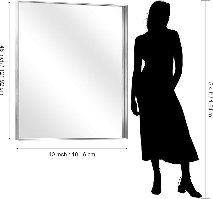 CIRCUMI Silver Bathroom Mirror, 40"x48" Rectangular Mirror with Deep Metal Frame, Brushed Finish, Tempered Glass, Large Mirror for Wall, Over 2 Sinks, Installed Vertically/Horizontally, Crystal-Clear