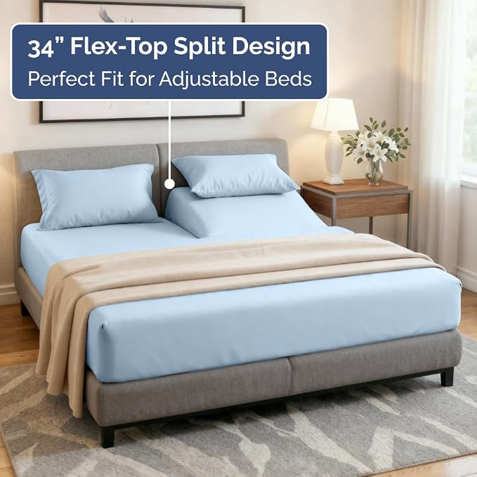 Flex Top Split Head King 4 Piece Sheet Set - Ultra-Soft, Breathable & Cooling Bed Sheets Set - Hotel Luxury Bedding for Women & Men with Deep Pockets - Wrinkle and Fade Free - Oeko-Tex - Light Blue