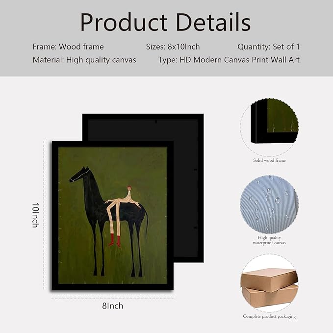 Abstract Horse Wall Art with Wooden Frame, Vintage Surreal Horse and Figure Painting, Olive Green Textured Minimalist Artwork, Retro Modern Framed Wall Decor Print 8x10 Inch