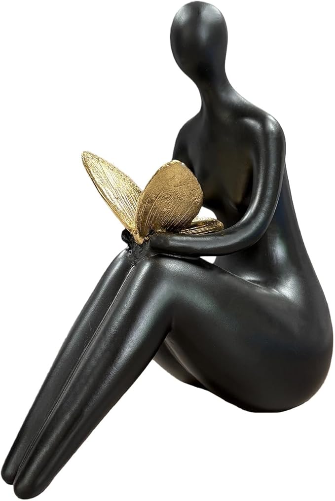 Lescafita Black Abstract Sitting Figurine with Gold Butterfly – Modern Resin Sculpture for Shelf, Desk, Living Room & Office Decor, Minimalist Shelf Sitter Statue for Home Decoration