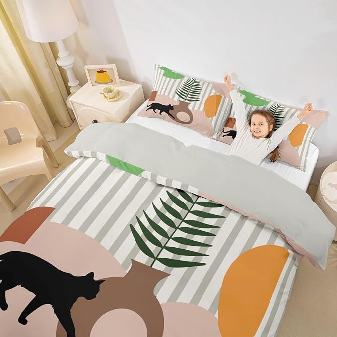Erosebridal Boho Cat Animals Comforter Cover King Abstract Mid Century Bedding Set Minimalism Aesthetic Geometric Duvet Cover for Kids Girls Boys Adults Tropical Palm Leaves Bed Set