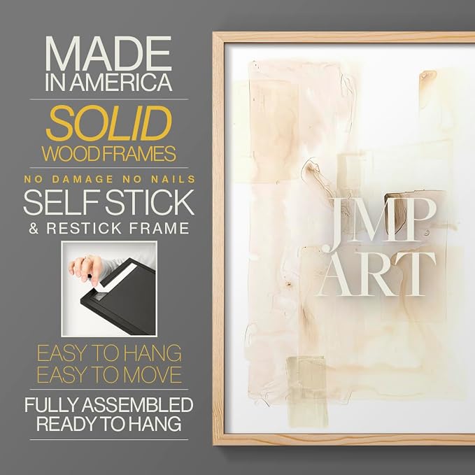 Renditions Gallery Set of 2 Peel & Stick Framed Prints, Abstract Wall Art, Mixed Handmade Oil Painting Wall Decor, Re-Stickable - Ready to Hang - 16"x20" - NATURAL WOOD Frame LT588