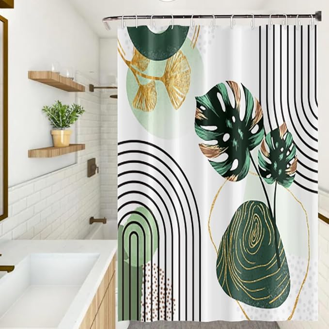 Mid Century Boho Shower Curtain Green Palm Gold Ginkgo Leaf Abstract Arch Decorative Bath Curtain 72x78 Inch Polyester Fabric Waterproof Aesthetics Bathroom Curtain with Hooks