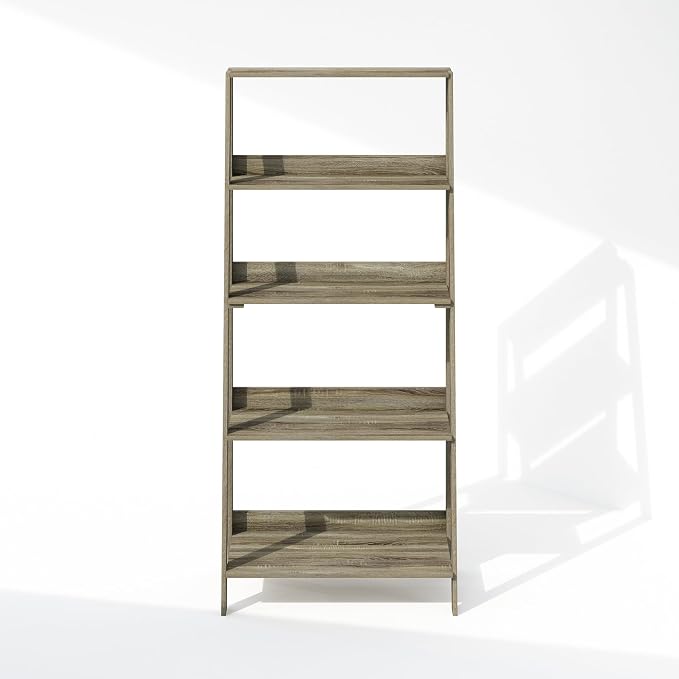 Furinno Ladder Display Shelf, 5-Tier Ladder Shelf, Standing Bookshelf, Display Storage Shelves, 13 x 23.6 x 53.5, for Living Room, Home Office, French Oak
