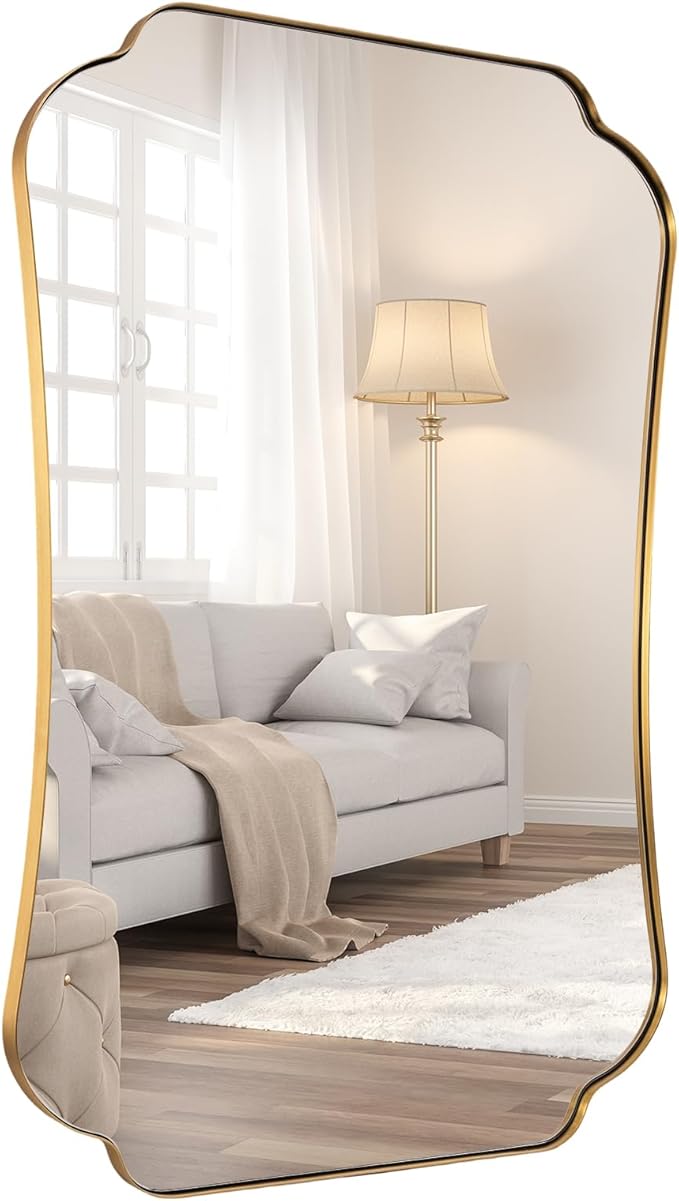ANDY STAR 30x40 Inch Brushed Gold Bathroom Mirror, Luxury Brass Scalloped Wall Mirror with Stainless Steel Frame, Decorative Wave-Edge Vanity Mirror for Living Room, Entryway, Bedroom