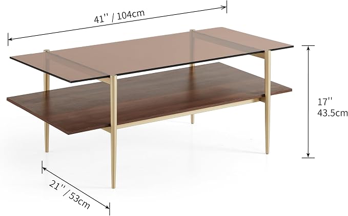 AGV LIGHTING Tadio Glass Coffee Table, Mid-Century Modern Coffee Table for Living Room, Gold Finish Leg,2-Tier Structure, Coffee Brown Glass Top & Walnut Shelf, 41 in Length