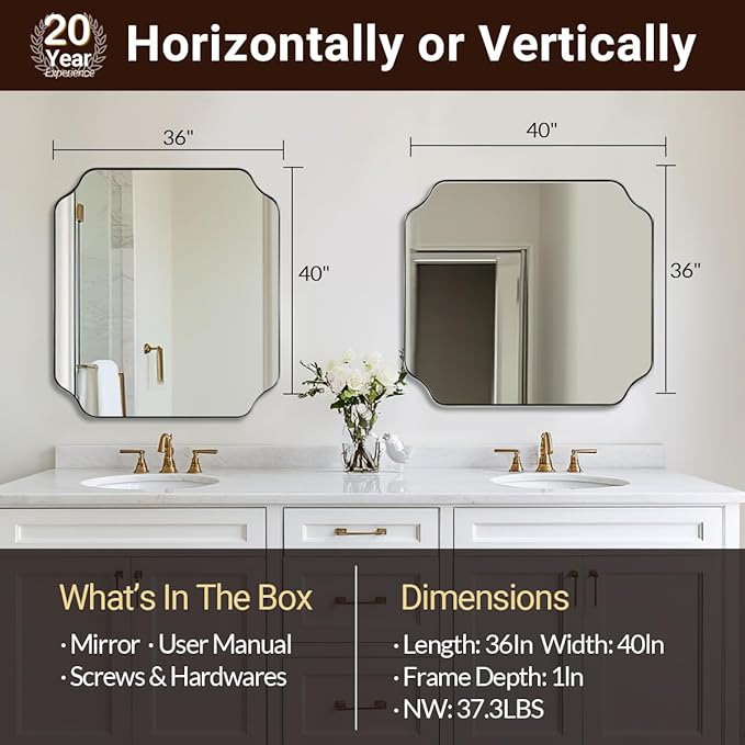 ANDY STAR 36x40 Inch Brushed Nickel Mirror, Large Bathroom Mirrors, Modern Silver Vanity Mirror in Anti-Rust Stainless Steel Frame, Unique Rounded Notched Corner Design, Ideal for Bathroom Remodel