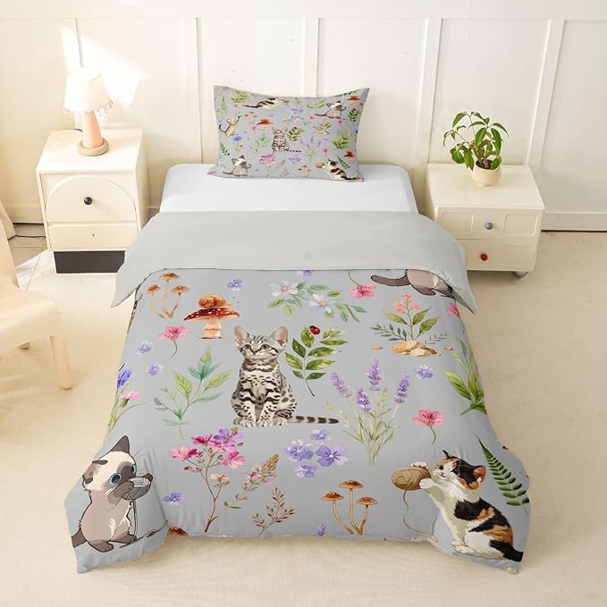 Erosebridal Cute Cat Duvet Cover Twin Lovely Kitten Cat Lovers Bedding Set Boho Watercolor Floral Comforter Cover for Kids Girls Boys Adults Kawaii Pet Animal Bed Set