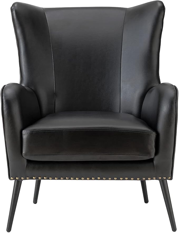 HULALA HOME Faux Leather Accent Chair with Removable Cushion, Comfy Upholstered Armchair with Black Metal Legs & Nailhead Trim Wingback Vanity Chair for Reading Living Room Bedroom, Black
