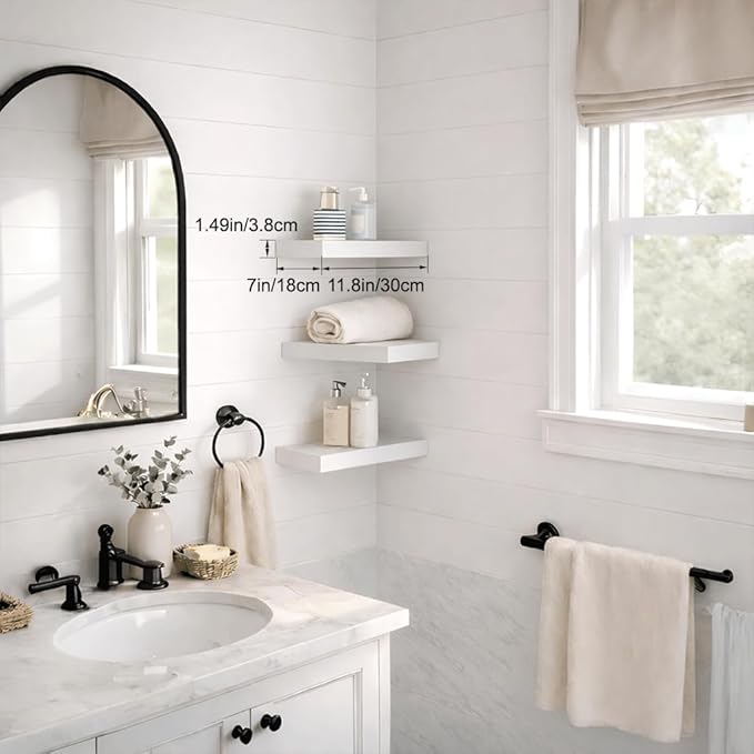 Floating Shelves for Wall, White Small 11.8" Bathroom Wall Shelves and Floating Shelf for Storage, Display Shelf for Home Decor, Perfect Over Toilet and Bedroom or Living Room, 3-Pack