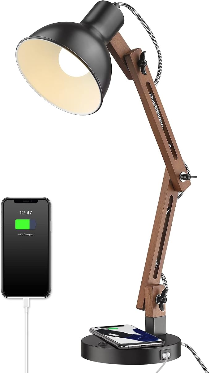 ELYONA Modern Sapele Wood Desk Lamp with Upgraded Wireless Charger & USB C Charging Port Swing Arm Table Lamp Bedside Reading Task Light for Dorm Office Bedroom Living Room LED Bulb Included Black