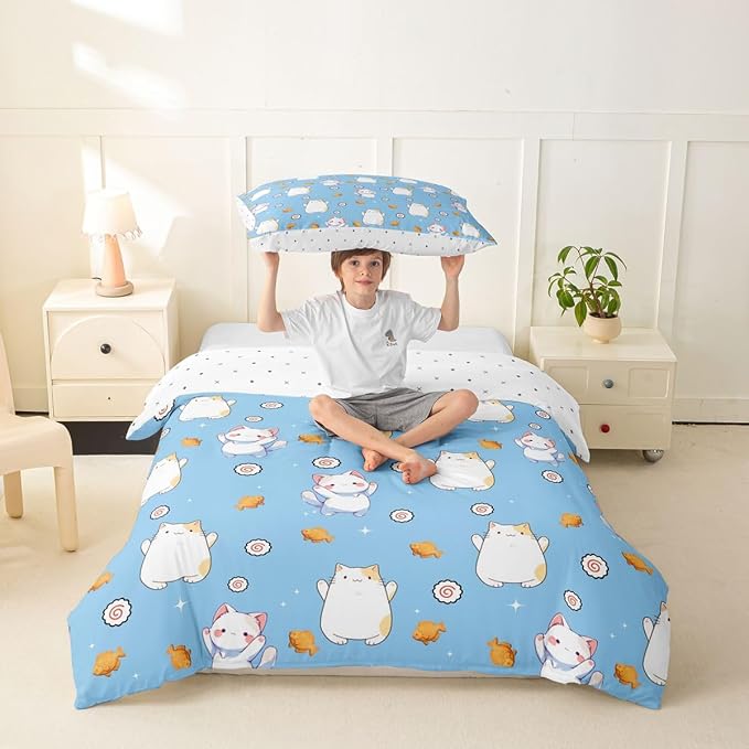 Erosebridal Cute Cat Toddler Duvet Cover Kawaii Cats Kitten Bedding Set Pet Animals Cat Lovers Comforter Cover for Kids Girls Boys Adults Sushi Snacks Blue Bed Set