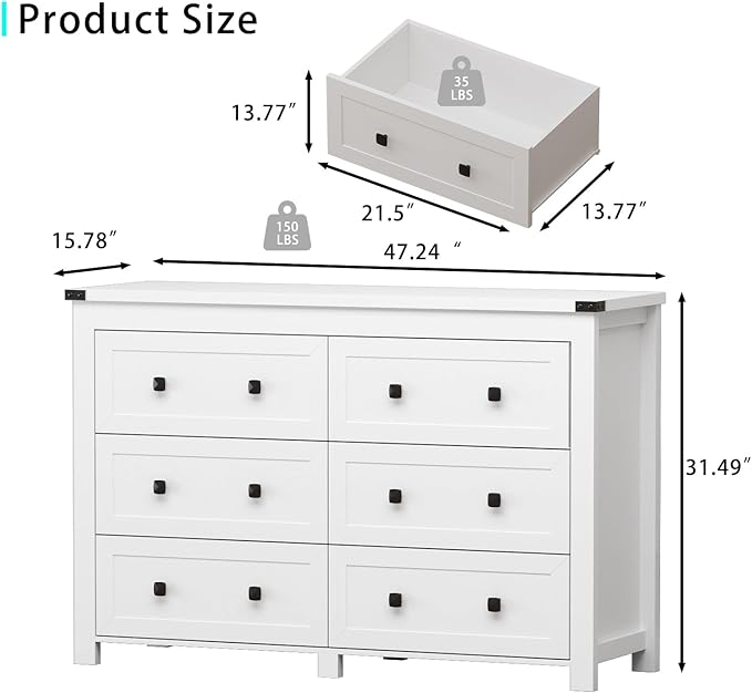 6 Drawer Dresser for Bedroom, White Modern Dressers & Chests of Drawers with Metal Handles, Closet Storage Dresser, Storage Cabinet and Organizer with Drawers