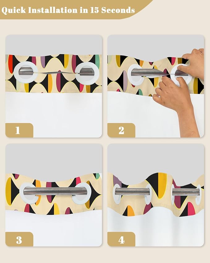 No Hook Shower Curtain with Snap in Liner Set, Mid Century Modern Geometric Abstract Print Shower Curtains for Bathroom, Waterproof Bath Tub Curtain with Mesh Top, 71W x 74H