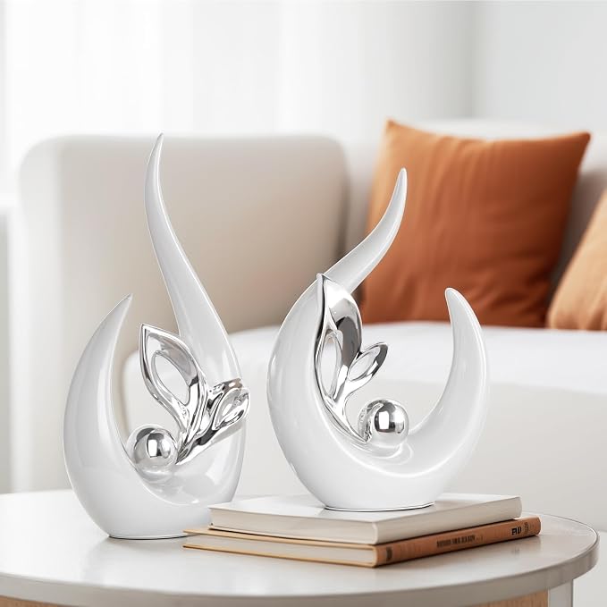 Silver Home Decor Accent,Abstract Ceramic Statue and Sculptures for Living Room,Mid Century Modern Decor for Desktop Bookshelf tv Stand Fireplace Coffee Table Centerpieces Decorations