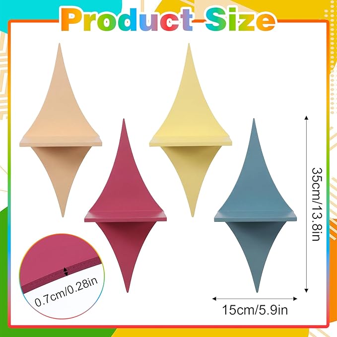 4 PCS Floating Wood Shelves Star Shaped, 13.8 X 5.9 Inch Mid Century Wall Decor Retro Small Wall Shelves Hanging Storage Sign Decoration for Bedroom, Living Room, Bathroom, Office Decor