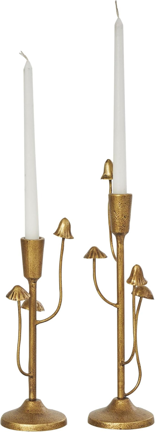 Deco 79 Metal Abstract Decorative Candle Holder Mushroom Inspired Candle Stand, Set of 2 Candlestick Holder 11", 14"H, Gold