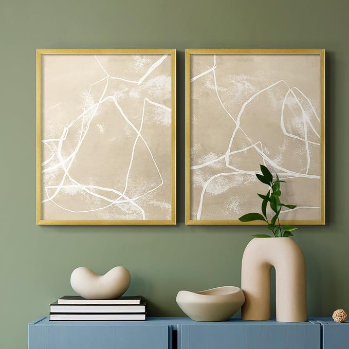 Renditions Gallery Set of 2 Peel & Stick Framed Prints, Neutral Abstract Wall Art, Beige Line Art Pattern Wall Decor, Re-Stickable - Ready to Hang - 11"x14" - GOLD Frame LT588