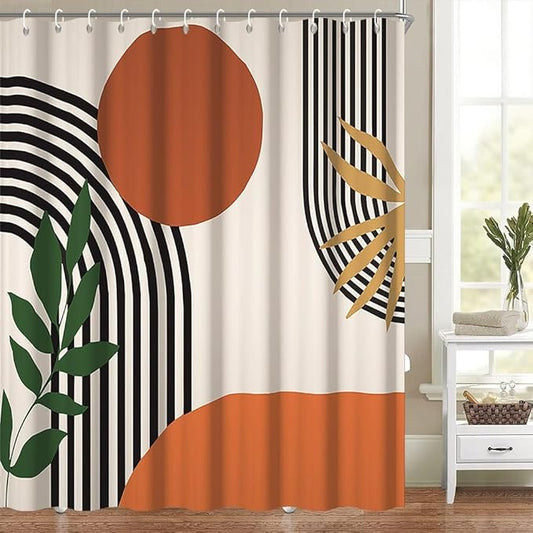 Mid Century Boho Shower Curtain for Bathroom Brown Green Leaves Red Sun Arch Stripes Shower Curtains Vintage Abstract Bathroom Set Decor Washable Waterproof Polyester Fabric with Hooks 72x72 Inch