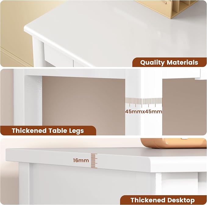 Solid Wooden Desk with Drawers - 39 x 16 Inch Simple Narrow Desks, Rubber Wood Study Table, Small Writing Desk for Bedroom|Small Spaces - White Modern Desks
