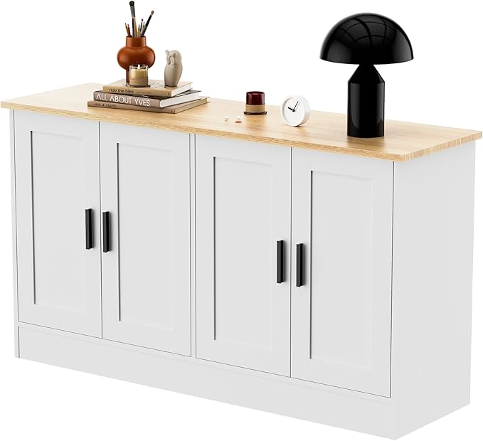 Anystyle 53" White Buffet Cabinet with Storage, Modern Kitchen Sideboard with 4 Doors & Adjustable Shelves, Entryway Credenza & TV Console Table for Living Room, Dining Room