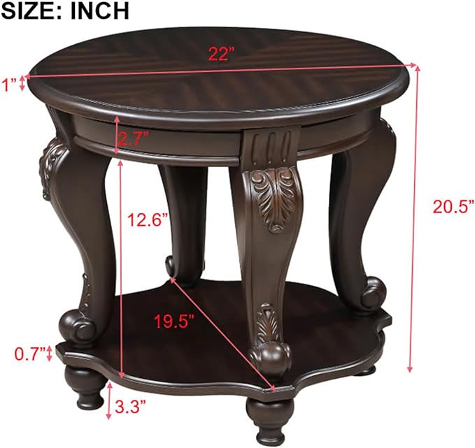 22'' Round End Table Solid Wood Sofa Side Table with Storage Shelf, Living Room Corner Table Retro Accent Table with Espresso Finish, Easy Assemble Round Bedside Table Night Stand for Small Space