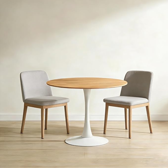 31.5 Inch White and Oak Round Dining Table for 2-4 People,Mid-Century Tulip Kitchen Table, Pedestal Base Table for Small Space Kitchen Dining Room