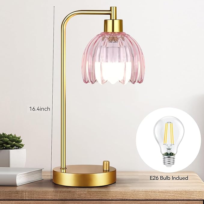 Pink Table Lamp Set of 2,Small Gold Bedside Lamps Dimmable Boho Bedroom Lamp with Tulip Flower Glass Lamp Shade,Vintage Mid Century Modern Mini Nightstand Lamp for Kids Bedroom Living Room