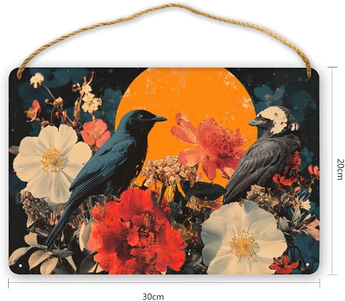 Vintage Black Bird Amidst Red-White Flowers Wooden Sign 12x8 Inch - Eclectic Bedroom Decor for Retro Fans - Thoughtful Gift for Unique Interior Seekers
