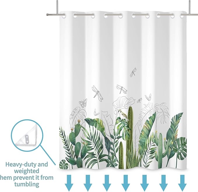 No Hook Shower Curtain with Snap in Fabric Liner Tropical Green Plant Shower Curtains for Bathroom Leaf Botanical Sage Green Shower Curtain Sets Waterproof Bathtub Curtain 71x74 Inch