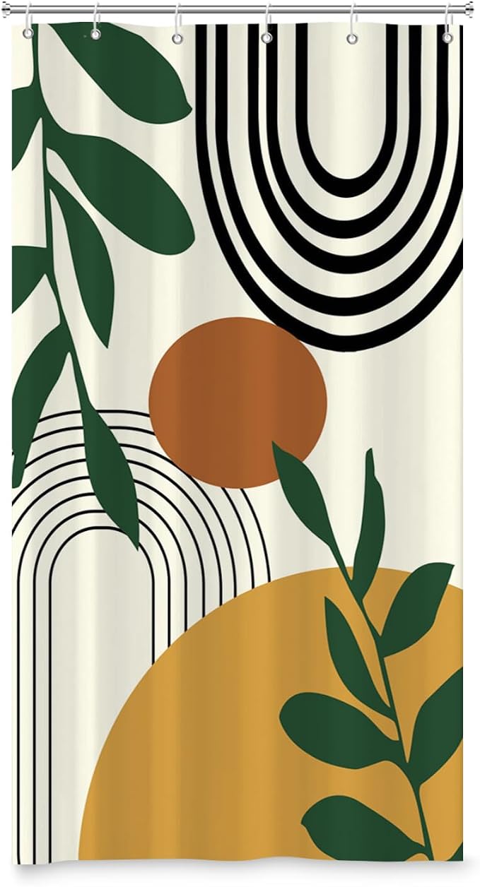 Boho Geometric Shower Curtain Beige Mid Century Abstract Arch Curve Bathroom Curtain Minimalistic Sun Shower Curtain Sets for Bathroom Extra Long 36x72 in with 6 Hooks