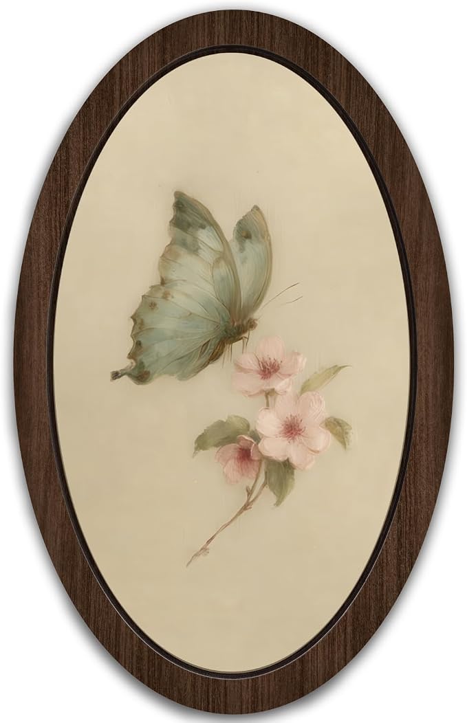 UYIKG Vintage Butterfly Cherry Blossom Oval Wall Art Decor,Farmhouse Country Butterfly Oval Hanging Decor,Rustic Farmhouse Cottagecore Wooden Framed Decorations for Home Bedroom Living Room 9x14.6 in
