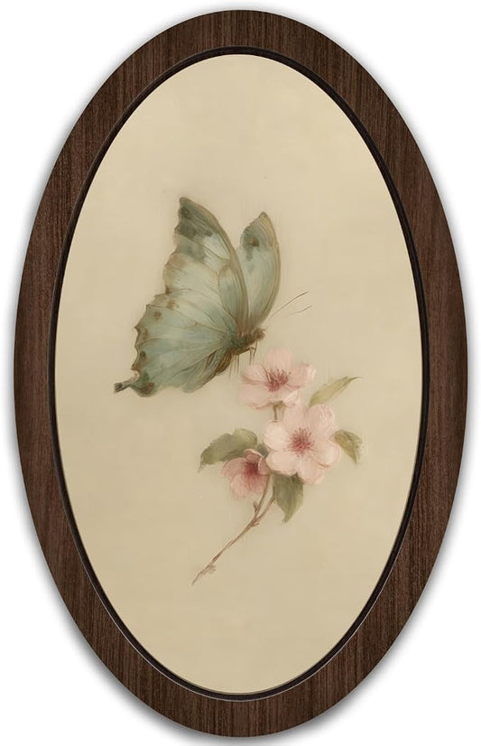 UYIKG Vintage Butterfly Cherry Blossom Oval Wall Art Decor,Farmhouse Country Butterfly Oval Hanging Decor,Rustic Farmhouse Cottagecore Wooden Framed Decorations for Home Bedroom Living Room 9x14.6 in
