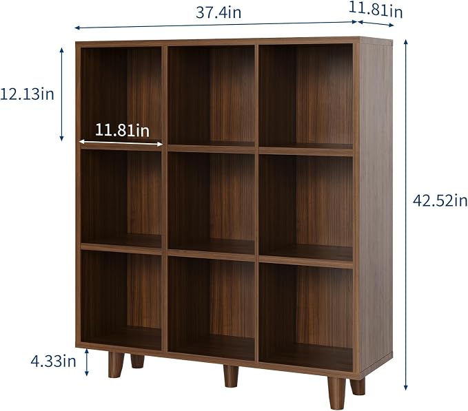 Takywep 9 Tier Mid-Century Modern Bookshelf, Rustic Brown Wood Cube Storage Organizer with Wood & Anti-Tipping Legs, Retro Open Bookcase Display Shelf for Living Room, Home Office, Bedroom