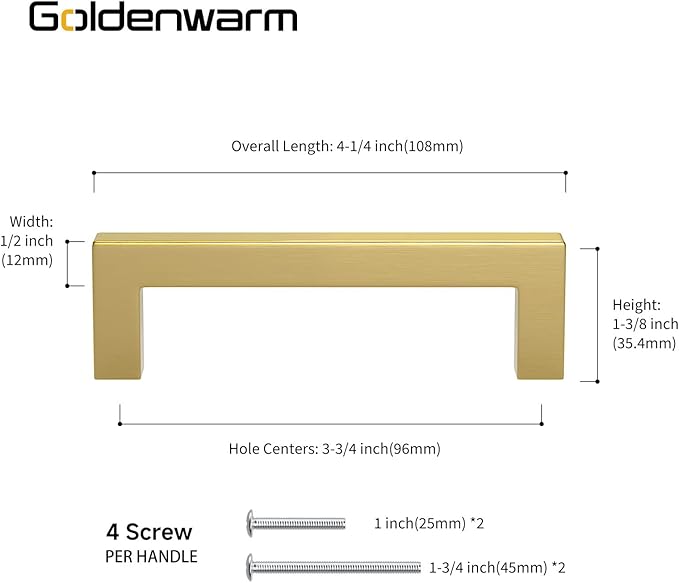 Goldenwarm Brushed Brass Cabinet Pull Knobs Kitchen Hardware - LSJ12GD96 Modern Gold Drawer Knobs 3-3/4 Inch Hole Centers Square Bathroom Cabinet Pulls Dresser Handles 1 Pack